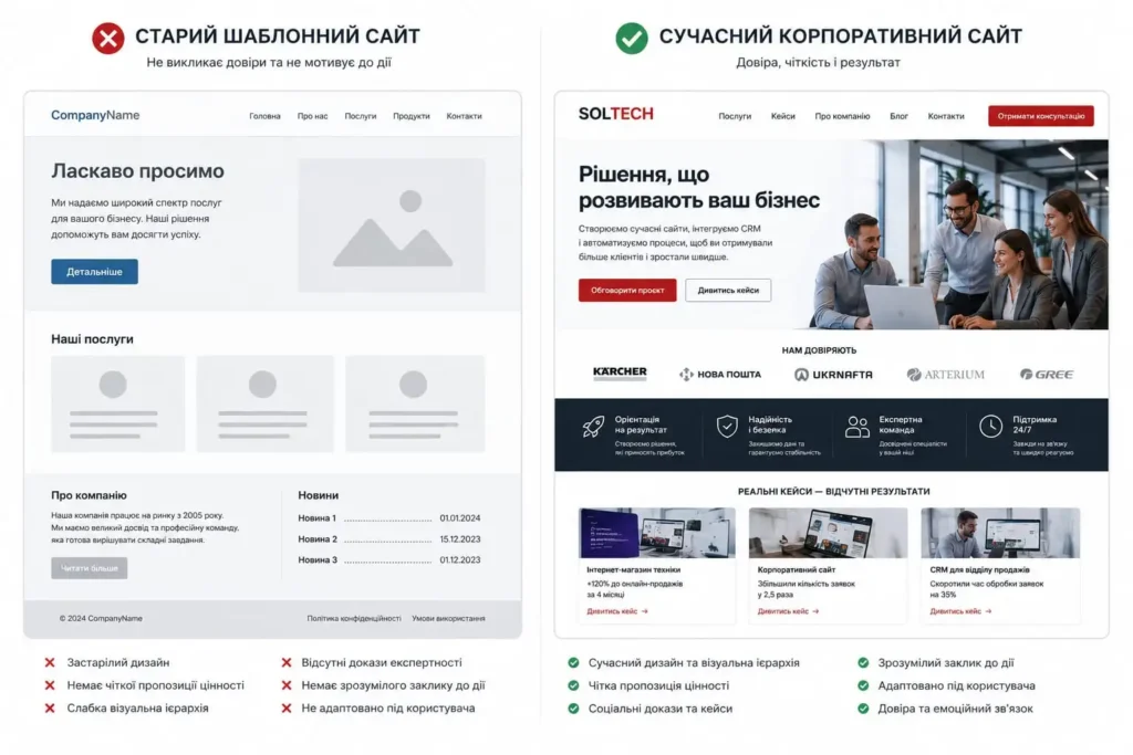 порівняння шаблонного та продуманого дизайна для корпоративного сайту